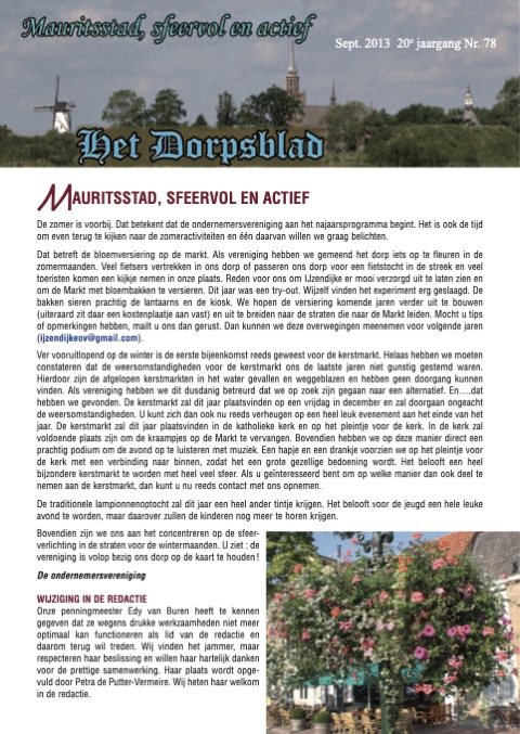 Voorpagina van Het Dorpsblad, september 2013
