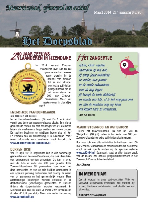 Voorpagina van Het Dorpsblad, maart 2014