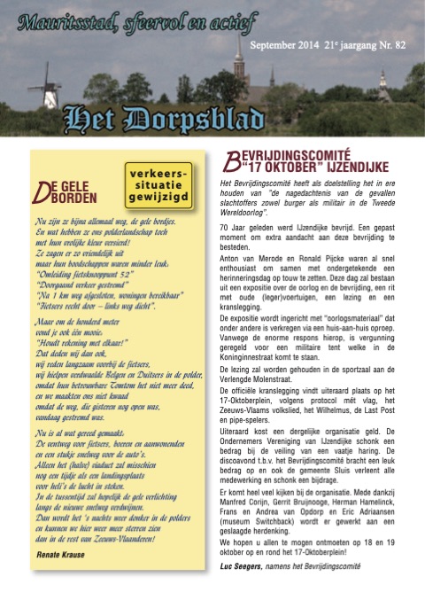 Voorpagina van Het Dorpsblad, september 2014