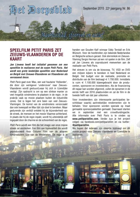 Voorpagina van Het Dorpsblad, september 2015