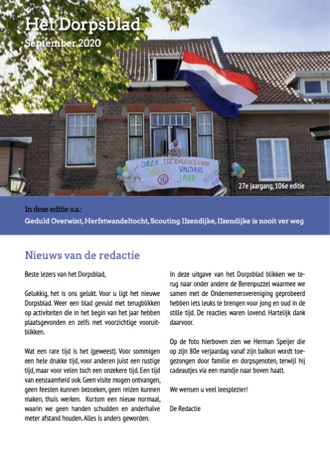 Voorpagina van Het Dorpsblad, september 2020